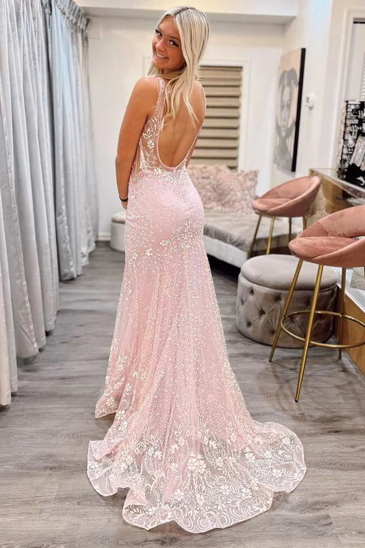 Pink Jacquard Tulle V-Neck Backless Mermaid Prom Dress